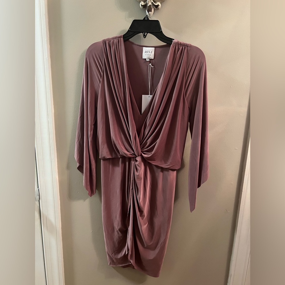 Misa Los Angeles Teget Dress Mauve NWT Size Large Wedding Draped Jersey V Neck